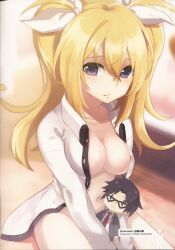 1boy 1girl arimura_hinae artist_request bed bedroom blonde_hair blurry blurry_background blush bottomless bow breasts chaos;child check_artist cleavage collarbone collared_shirt dress_shirt embarrassed hair_between_eyes hair_bow hair_ribbon hekiho_academy_school_uniform highres holding holding_stuffed_toy indoors long_hair long_sleeves looking_at_viewer magazine_scan medium_breasts miyashiro_takuru multiple_hair_bows naked_shirt navel no_bra official_art on_floor open_clothes open_shirt purple_eyes ribbon scan school_uniform shirt sitting solo stuffed_toy twintails white_ribbon white_shirt yuka_katou