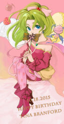 1girl blue_eyes bow cape dated earrings final_fantasy final_fantasy_vi hair_bow happy_birthday high_heels holding holding_wand jewelry kiyoshi_(panap23) looking_at_viewer pantyhose pink_bow pink_cape pink_pantyhose ponytail red_shirt red_shoes shirt shoes sitting tina_branford wand