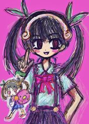 1girl @_@ backpack bag black_hair blush bow chibi fang green_ribbon hachikuji_mayoi hair_ribbon hairband hoiimhoi monogatari_(series) pink_background pink_bow red_eyes ribbon shirt skirt smile solo suspender_skirt suspenders twintails