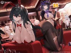3girls alcohol animal_ears artist_request azur_lane beer black_hair black_hat blue_hair bow breasts brown_pantyhose cheshire_(azur_lane) cheshire_(the_cat_in_the_magic_hat)_(azur_lane) closed_mouth covered_navel fake_animal_ears fake_tail hat high_heels huge_breasts indoors janus_(a_lesson_in_billiards)_(azur_lane) janus_(azur_lane) leotard looking_at_viewer multiple_girls official_art pantyhose playboy_bunny purple_bow rabbit_ears rabbit_tail red_leotard red_shoes second-party_source shoes smile taihou_(azur_lane) taihou_(fun_on_the_baize)_(azur_lane) tail top_hat torn_clothes torn_pantyhose white_wrist_cuffs wrist_cuffs