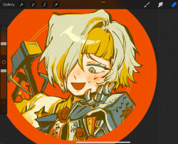 1girl blonde_hair blood blood_on_face blush gauntlets grey_eyes hammer highres kampuzu kromer_(project_moon) limbus_company multicolored_hair open_mouth portrait project_moon short_hair smile solo streaked_hair talisman wax_seal white_hair