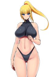 Rule 34 | 1girl, bare shoulders, black panties, blonde hair, blue eyes, blunt bangs, breasts, female focus, highleg, highleg panties, huge breasts, impossible clothes, ishimiso (ishimura), light smile, long hair, metroid, midriff, navel, nintendo, panties, ponytail, samus aran, sidelocks, simple background, sleeveless, sleeveless turtleneck, solo, super metroid, turtleneck, underwear, white background
