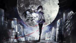 1girl absurdres akemi_homura akemi_homura_(magical_girl) black_boots black_hair black_hairband black_sky boots building capelet city expressionless floating_hair full_moon hair_flip hairband highres holding holding_ribbon huge_moon jacket long_hair looking_at_viewer mahou_shoujo_madoka_magica mahou_shoujo_madoka_magica_(anime) moon neck_ribbon niangao89305 night night_sky outdoors purple_capelet purple_eyes purple_skirt red_ribbon ribbon sample_watermark scenery skirt sky solo thigh_boots walking watermark white_jacket wide_shot