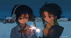 2boys alternate_costume artist_name black_coat black_gloves black_hair black_ribbon braid coat commentary contemporary earmuffs english_commentary facial_mark fireworks forehead_mark fringe_trim genshin_impact gloves gradient_hair green_eyes green_hair green_scarf hair_between_eyes highres holding holding_fireworks house looking_at_object looking_down lower_teeth_only male_focus multicolored_hair multiple_boys night open_mouth outdoors overine19 parted_bangs parted_lips power_lines ribbon scarf short_hair smile snow sparkler sweater teeth turtleneck turtleneck_sweater twin_braids upper_body utility_pole venti_(genshin_impact) white_coat white_gloves winter xiao_(genshin_impact) yellow_eyes yellow_sweater