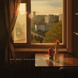 building cup curtains english_text flower hedge highres lens_flare no_humans onlypixeeels open_window original pixel_art scenery sepia skyscraper sunlight table thermos tree vase window