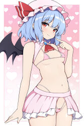 bikini blue_hair breasts frills highres lingerie micro_bikini panties pink_panties red_eyes remilia_scarlet small_breasts swimsuit touhou underwear