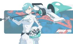Rule 34 | 1girl, absurdres, adidas, aqua eyes, aqua hair, blush, breasts, car, closed mouth, commentary, cowboy shot, expressionless, eyes visible through hair, formula one, formula racer, fromgod jungle, gloves, hair over one eye, helmet, highres, holding, holding helmet, houston astros, jumpsuit, large breasts, long sleeves, looking at viewer, low ponytail, mercedes-benz, motor vehicle, original, over shoulder, ponytail, race vehicle, racecar, racing suit, shell (company), shirt, short ponytail, skin tight, solo, sponsor, standing, symbol-only commentary, unworn headwear, unworn helmet, white jumpsuit, white shirt