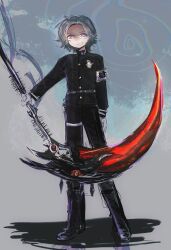 1boy aotsuki_eito armband black_boots black_pants black_shirt boots eyelashes full_body glasses gloves gradient_background grey_background grey_hair highres holding holding_scythe holding_weapon last_defense_academy_school_uniform looking_at_viewer male_focus open_mouth pants parted_hair purple_eyes scythe shirt simple_background smile solo solo_focus standing teeth the_hundred_line_-last_defense_academy- weapon white_gloves