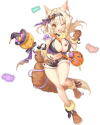 Rule 34 | 1girl, animal ears, artist request, bare legs, bat tattoo, between breasts, black bow, blonde hair, bow, breast tattoo, breasts, candy, cleavage, fake tail, food, full body, game cg, hat, headband, highres, holding, jack-o&#039;-lantern, legend clover, navel, official alternate costume, official art, one eye closed, open mouth, orange eyes, paw tattoo, sol (legend clover), strap between breasts, tail, tattoo, third-party source, transparent background, witch hat