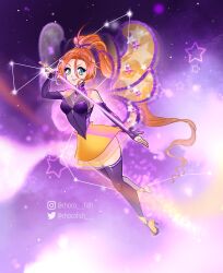 1girl ahoge alternate_costume aqua_eyes bad_id bad_twitter_id bare_shoulders bloom_(winx_club) boots chest_jewel chocofish cloud collared_leotard commentary constellation cosmix dark_bloom_(winx_club) elbow_gloves english_commentary eyelashes eyeshadow fairy fairy_wings flying frilled_skirt frills full_body gem gloves hair_between_eyes hair_ribbon happy high_collar high_heel_boots high_heels high_ponytail highres holding holding_sword holding_weapon instagram_username leotard leotard_under_clothes light_particles lipstick long_hair looking_at_viewer magical_girl makeup miniskirt orange_hair outdoors parted_lips partially_fingerless_gloves pink_gemstone ponytail purple_eyeshadow purple_gloves purple_leotard purple_lips purple_ribbon purple_shirt purple_thighhighs ribbon see-through_clothes see-through_leotard shirt skirt smile solo space star_(symbol) strapless strapless_shirt sword teeth thighhighs transparent_wings twitter_username very_long_hair watermark wavy_hair weapon wings winx_club yellow_boots yellow_skirt yellow_wings