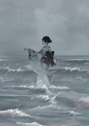 1girl absurdres black_hair black_nails closed_eyes earrings hair_bun hair_ornament hairpin highres in_water japanese_clothes jewelry kimono mano_aaa multiple_hairpins original outdoors outstretched_arms scenery sky standing water