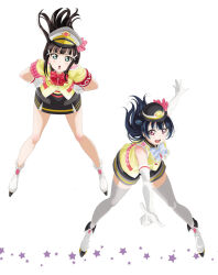 2girls :d aqua_eyes artbook black_hair black_skirt blue_bow blue_hair blunt_bangs bow bowtie elbow_gloves floating_hair full_body gloves hair_bun hair_ornament hands_on_own_hips hat highres kurosawa_dia leaning_forward long_hair looking_at_viewer love_live! love_live!_sunshine!! miniskirt mole mole_under_mouth multiple_girls non-web_source official_art open_mouth red_eyes roller_skates simple_background single_hair_bun skates skirt smile standing star_(symbol) thighhighs tsushima_yoshiko white_background white_gloves zettai_ryouiki