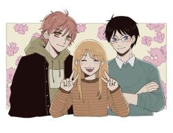 1girl 1halfvanilla 2boys :d ayase_chihaya black_hair black_jacket blue_eyes blue_sweater brown_eyes brown_shirt chihayafuru closed_eyes crossed_arms double_v glasses hood hood_down hoodie jacket mashima_taichi multiple_boys open_mouth shirt short_hair smile striped_clothes striped_shirt sweater upper_body v wataya_arata