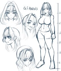 Rule 34 | 1girl, abs, absurdres, angry, breasts, chain, commentary, earrings, english commentary, hair intakes, highres, hololive, hololive english, jewelry, large breasts, looking at viewer, multiple views, navel, open mouth, ouro kronii, sacrokies, shorts, sketch, teeth, tongue, virtual youtuber