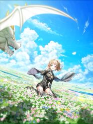 1girl baizu_(guszx) belt blue_eyes blue_sky blunt_bangs breasts brown_hair cleavage cloud dragon dragon_wings excellia_cruz field flower flower_field hand_in_own_hair large_breasts long_sleeves looking_at_viewer open_mouth outdoors petals red_eyes shadow shironeko_project short_hair short_shorts shorts sitting sky small_dragon smile thighhighs thighs wariza white_dragon wide_shot wings