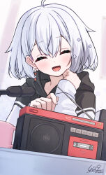 1girl ahoge anku blush closed_eyes cup earrings facing_viewer hair_ornament highres hood hood_down hoodie jewelry microphone neo-porte open_mouth radio shirona_shizuku solo virtual_youtuber white_hair