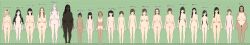 6+girls absurdres barefoot breasts dark-skinned_female dark_skin feet height_chart highres huge_breasts kuzukago_(bitchmaker) lineup multiple_girls nude pubic_hair tan topless_female