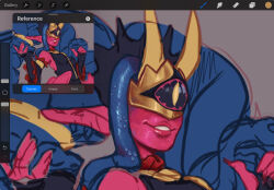 Rule 34 | breasts, colored skin, crown, digimon, digimon (creature), fingernails, highres, horns, iscariot, long fingernails, mask, medusamon, pointy ears, red skin, smile, snake, snake hair, teeth, thick lips, yellow eyes
