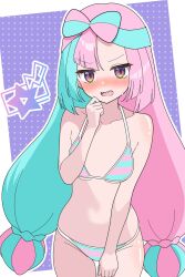 Rule 34 | 1girl, bare shoulders, bikini, blue bikini, blue hair, blush, bow-shaped hair, breasts, embarrassed, hair ornament, highres, iono (pokemon), long hair, looking at viewer, multicolored hair, nintendo, odorukaminoke, open mouth, pink bikini, pink hair, pokemon, pokemon sv, sharp teeth, small breasts, solo, stomach, striped bikini, striped clothes, sweat, sweatdrop, swimsuit, teeth, two-tone hair