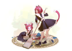 2girls animal_ear_fluff animal_ears apron arm_support back_bow black_dress blunt_bangs bob_cut boots bow broken_vase broom buttons carpet cat_ears cat_girl cat_tail closed_mouth commentary dress english_commentary eyebrows eyelashes frilled_apron frilled_dress frilled_sleeves frills frown full_body gradient_background green_background green_eyes hair_bow hand_up high_heel_boots high_heels holding holding_broom lace-up_boots leaning_forward long_sleeves looking_at_viewer looking_back maid maid_apron mia_(hks) multiple_girls nia_(hks) open_mouth original pink_hair pink_tail purple_eyes sad seiza short_eyebrows short_hair sidelocks simple_background sitting sleeve_cuffs standing sweeping swept_bangs tail tail_raised tearing_up tears vase waist_apron white_apron white_background white_bow