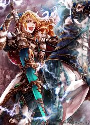 1boy armor armored_boots barding blonde_hair boots breastplate cloud gauntlets holding holding_weapon horse hoshi_no_rebellion jewelry knight looking_at_viewer male_focus na_(sodium) official_art open_mouth polearm red_eyes shoulder_armor smile soldier solo_focus spear teeth weapon