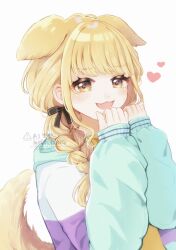 1girl :3 animal_ears black_ribbon blonde_hair braid commentary dog_ears dog_tail fang fujita_kotone gakuen_idolmaster hair_ribbon hands_up heart heart-shaped_pupils highres idolmaster jacket kemonomimi_mode long_hair long_sleeves looking_at_viewer low_twin_braids multicolored_jacket open_mouth ribbon shirako_(srk_srtk) simple_background skin_fang sleeves_past_wrists smile solo symbol-shaped_pupils tail twin_braids upper_body watermark white_background yellow_eyes