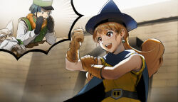 1girl 2boys :d alena_(dq4) aqua_hair balding beard black_gloves blue_cape blue_hat blunt_bangs brey brown_gloves cape clenched_hand clift commentary_request curly_hair dragon_quest dragon_quest_iv dust_cloud earrings facial_hair floating_cape gloves hand_on_own_arm hat highres jewelry long_hair multiple_boys old old_man open_mouth orange_hair pointy_hat short_hair shouting simu_rr smile sweatdrop tunic white_hair wrinkled_skin yellow_tunic