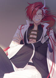 1boy crossed_arms facing_viewer fate/grand_order fate_(series) fingerless_gloves gloves grin hair_between_eyes hair_over_one_eye highres japanese_clothes light_particles male_focus multicolored_hair pectorals ponytail red_hair sitting smile solo streaked_hair takasugi_shinsaku_(fate) tassel zanshi