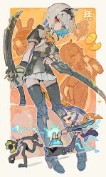 1girl ahoge anby_demara anby_demara_(silver_soldier) bangboo_(zenless_zone_zero) black_hairband black_thighhighs blue_hair breasts can chasing colored_inner_hair commentary drink_can dual_wielding electricity ethereal_(zenless_zone_zero) fleeing food fruit full_body hairband holding holding_sword holding_weapon looking_at_viewer multicolored_hair orange_(fruit) orange_eyes orange_slice pleated_skirt plugboo_(zenless_zone_zero) serious short_hair short_sleeves sideboob skirt sword thighhighs twitter_username ushinoki weapon white_skirt zenless_zone_zero