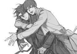 2boys :d :| \||/ arm_around_neck black_coat black_eyes black_hair claw_pose closed_mouth coat curtained_hair expressionless greyscale grin hug hug_from_behind implied_yaoi messy_hair monochrome multiple_boys omniscient_reader&#039;s_viewpoint open_mouth outstretched_arms raya_(000_unseen) short_hair smile tackle upper_body white_background yellow_coat