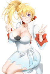 Rule 34 | 1girl, blonde hair, boots, breasts, cleavage, cosplay, dress, high heel boots, high heels, highres, large breasts, long hair, one eye closed, ponytail, purple eyes, rwby, solo, wedge heels, weiss schnee (cosplay), wink, yang xiao long