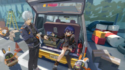 Rule 34 | 1boy, 1girl, absurdres, ahoge, artist request, bangboo (zenless zone zero), belle (zenless zone zero), black pants, black shirt, black thighhighs, blue hair, box, brother and sister, car, cardboard box, crossed bangs, green eyes, grey hair, hair between eyes, hair ornament, highres, jacket, letter hair ornament, long sleeves, motor vehicle, official art, open mouth, pants, shirt, short hair, siblings, single thighhigh, sitting, thighhighs, wise (zenless zone zero), zenless zone zero