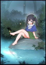 1girl absurdres barefoot black_hair blue_eyes chinese_commentary closed_mouth commentary_request feet fireflies fish full_body green_skirt highres kuma-bound long_hair on_rock original reflection sitting skirt smile solo toes twintails water