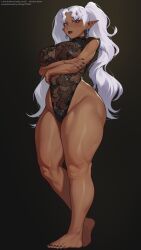 1girl arms_under_breasts black_background black_leotard black_nails breasts cinko commission crossed_arms dark-skinned_female dark_skin earrings elf highres jewelry lace_leotard large_breasts leotard lips long_hair long_twintails muscular muscular_female muscular_legs nipples original pointy_ears purple_eyes solo standing thick_thighs thighs twintails white_hair wide_hips