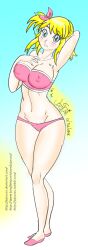 Rule 34 | 10s, 1girl, 2016, arm behind head, arm up, bikini, blonde hair, blue background, blue eyes, blush, breasts, cleavage, collarbone, covered erect nipples, dated, fairy tail, february, gradient background, hair ribbon, hand on own chest, kimbawest, large breasts, long hair, looking at viewer, lucy heartfilia, navel, parted lips, pink bikini, pink ribbon, pink shoes, ponytail, ribbon, shoes, side ponytail, standing, star (symbol), supergeorgesapiens, swimsuit, teeth