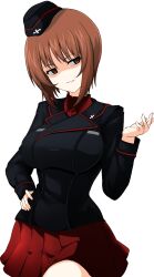 Rule 34 | 1girl, absurdres, aikir (jml5160), alternate universe, black jacket, brown eyes, brown hair, collared shirt, garrison cap, girls und panzer, hand on own hip, hat, highres, insignia, jacket, kuromorimine military uniform, long sleeves, military, military uniform, nishizumi miho, parted lips, pleated skirt, red shirt, red skirt, shirt, short hair, simple background, skirt, smile, solo, white background