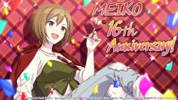 1girl :d anniversary blue_pants blurry brown_eyes brown_hair character_name cherry collarbone colorful_palette commentary_request confetti copyright_notice cup denim depth_of_field drink earrings eyewear_hang food fruit highres holding holding_cup jacket jacket_on_shoulders jeans jewelry meiko_(vocaloid) necklace official_art open_mouth pants project_sekai red_background red_jacket shirt sitting smile solo sunglasses tongue torn_clothes torn_jeans torn_pants triangle_earrings unworn_eyewear vivid_bad_squad_meiko vocaloid white_shirt