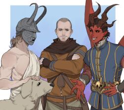 3boys animal baldur&#039;s_gate baldur&#039;s_gate_3 black_hair black_sclera blue_background blue_vest brown_gloves brown_hair brown_pants brown_scarf brown_shirt buzz_cut clavicus_vile closed_mouth colored_sclera covered_face cowboy_shot crossed_arms demon demon_boy demon_wings dog fake_horns fingerless_gloves gaunter_o&#039;dimm gloves gold_belt grin hand_up helmet horned_helmet horns long_hair long_sleeves looking_at_viewer male_focus mask multiple_boys open_mouth pants pouch raphael_(baldur&#039;s_gate) red_shirt scarf shirt short_hair smile standing teeth the_elder_scrolls the_witcher_(series) the_witcher_3 toga tworain_w very_short_hair vest wings yellow_eyes