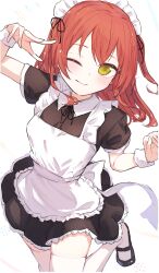 1girl absurdres bocchi_the_rock! highres kita_ikuyo long_hair looking_at_viewer maid one_eye_closed one_side_up red_hair reizouko simple_background thighhighs white_background yellow_eyes