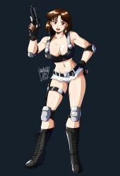 1girl artist_name boots breasts brown_eyes brown_hair cleavage combat_boots curvy danmakuman denim denim_shorts elbow_pads fingerless_gloves gloves gun gun_holster janet_marshall knee_pads large_breasts navel sega shiny_skin short_hair shorts smile thighs virtua_cop weapon