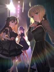 Rule 34 | 3girls, ahoge, artoria pendragon (fate), bare shoulders, black bow, black dress, black gloves, black hair, black pantyhose, blonde hair, blue eyes, bow, closed mouth, commentary request, dress, fate/stay night, fate (series), formal clothes, gloves, green eyes, grin, hair bow, hiiragi (karashriker), long hair, looking at viewer, matou sakura, multiple girls, official alternate costume, pantyhose, purple eyes, purple hair, saber (fate), see-through clothes, see-through sleeves, short hair, sleeveless, sleeveless dress, smile, tohsaka rin