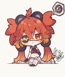 1girl :i asymmetrical_gloves beni_shake black_gloves black_shirt blush chibi closed_mouth commentary_request crop_top elbow_gloves eyepatch full_body gloves gradient_hair grey_background grey_jumpsuit hair_between_eyes head_tilt jumpsuit jumpsuit_around_waist koleda_belobog looking_at_viewer low_twintails multicolored_hair navel orange_eyes orange_hair shirt signature simple_background single_elbow_glove sitting sleeveless sleeveless_shirt solo spoken_squiggle squiggle twintails zenless_zone_zero