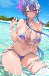 1girl absurdres arm_behind_back arm_strap azur_lane bikini blue_hair blue_sky bow breasts character_name choker cross crossed_bangs day dishwasher1910 eyelashes floating_hair foch_(azur_lane) hair_bow hair_ribbon hand_up highres huge_breasts looking_at_viewer nail_polish navel o-ring o-ring_bikini one_eye_closed outdoors pink_eyes revision ribbon single_thighhigh skindentation sky smile solo string_bikini swimsuit thighhighs thighs underboob water wet white_ribbon white_thighhighs zipper_pull_tab