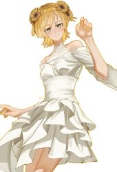 1girl artist_name bare_shoulders blonde_hair closed_mouth collarbone commentary covered_collarbone cowboy_shot daiba_nana dress fingernails flower frilled_dress frills green_eyes hair_flower hair_ornament halter_dress halterneck hand_up highres light_smile ling_(chaaaaanhikari) looking_at_viewer nail_polish off-shoulder_dress off_shoulder official_alternate_costume short_hair short_twintails shoujo_kageki_revue_starlight simple_background solo standing sunflower twintails white_background white_dress wide_sleeves yellow_flower yellow_nails