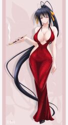 1girl absurdly_long_hair antenna_hair black_hair breasts cleavage closed_mouth collarbone covered_navel dress evening_gown female_focus full_body hair_ribbon high_ponytail high_school_dxd highres himejima_akeno hip_vent holding holding_smoking_pipe large_breasts long_hair looking_at_viewer minaisu no_bra plunging_neckline ponytail purple_eyes red_dress ribbon sidelocks sleeveless sleeveless_dress smile smoke smoking_pipe standing very_long_hair yellow_ribbon