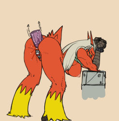1girl anal anal_fluid anus anus_only ass bad_furaffinity_id bad_id bdsm bent_over blaziken bondage bottomless bound bound_wrists breasts cameltoe clothes_lift disembodied_penis erection full_body gen_3_pokemon green_shirt grey_hair hands_up hetero large_breasts long_hair looking_back maebari nintendo nipples penis poke_ball_symbol poke_ball_theme pokemon pokemon_(creature) robotjoe sex shirt shirt_lift solo standing tail yellow_eyes