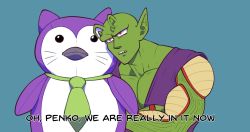 1boy 1other actualbikedad alien antennae colored_skin crossed_arms dougi dragon_ball dragon_ball_super dragon_ball_super_super_hero english_text expressionless green_skin highres large_pectorals male_focus muscular no_humans open_mouth pectorals penko_(dragon_ball) piccolo pointy_ears red_eyes serious sharp_teeth simple_background stuffed_animal stuffed_toy teeth what