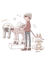 1boy ^_^ artist_name bad_id bad_twitter_id beanie black_footwear black_hair closed_eyes denim electric_razor gen_8_pokemon grey_headwear hair_clipper hat highres jeans male_focus mozpoke nintendo open_mouth pants pokemon pokemon_(creature) pokemon_swsh razor red_shirt scorbunny shaved_body shearing shirt simple_background smile victor_(pokemon) white_background wool wooloo