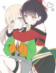 2girls ? azusawa_kohane black_choker black_hair blonde_hair blush cheek_pinching choker closed_mouth colored_inner_hair commentary_request dress earrings green_jacket grey_dress heart highres hug hug_from_behind jacket jewelry korean_commentary l0hann1 multicolored_hair multiple_girls pinching project_sekai purple_hair red_shirt shiraishi_an shirt simple_background smile thigh_strap twintails white_background yellow_eyes yuri