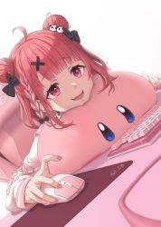 1girl :d black_bow bow braid chair commentary_request desk double_bun dutch_angle fang gradient_background grey_background hair_bow hair_bun hair_ornament highres holding kamome_yuu computer_keyboard kirby kirby_(series) long_sleeves computer_mouse nail_polish nijisanji nintendo office_chair on_chair open_mouth panda_hair_ornament pink_nails pink_sailor_collar red_hair sailor_collar sasaki_saku sasaki_saku_(6th_costume) school_uniform serafuku shirt single_braid sitting sleeves_past_wrists smile solo swivel_chair thick_eyebrows virtual_youtuber white_background white_shirt x_hair_ornament